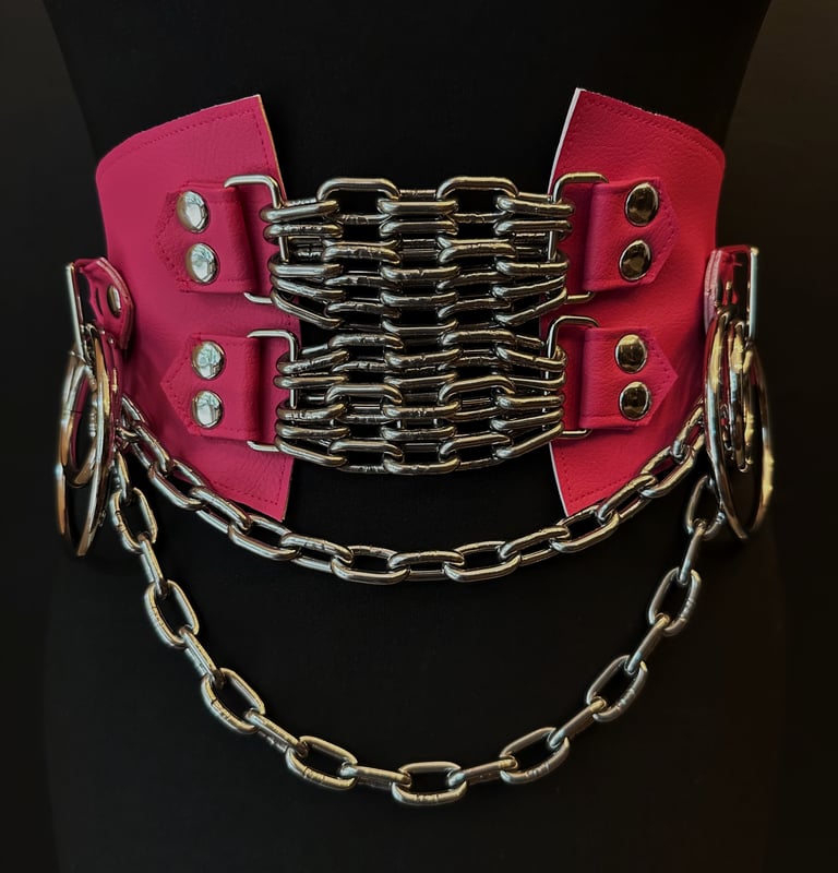 pink vegan leather waist cincher gothic belt goth corset chains and rings hot pink and silver harness barbie pink 