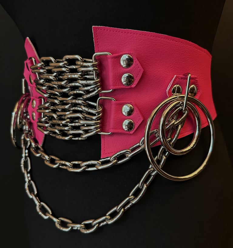 pink vegan leather waist cincher gothic belt goth corset chains and rings hot pink and silver harness barbie pink 
