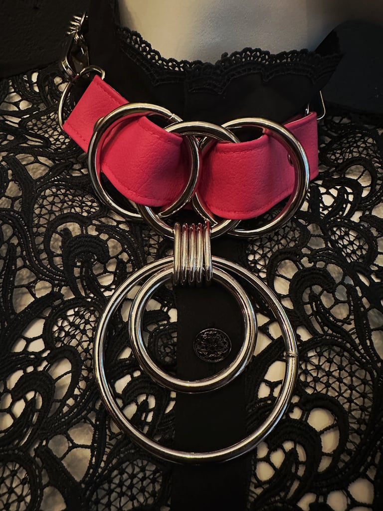 pink and silver vegan leather goth necklace collar choker chains gothic faux leather pvc 