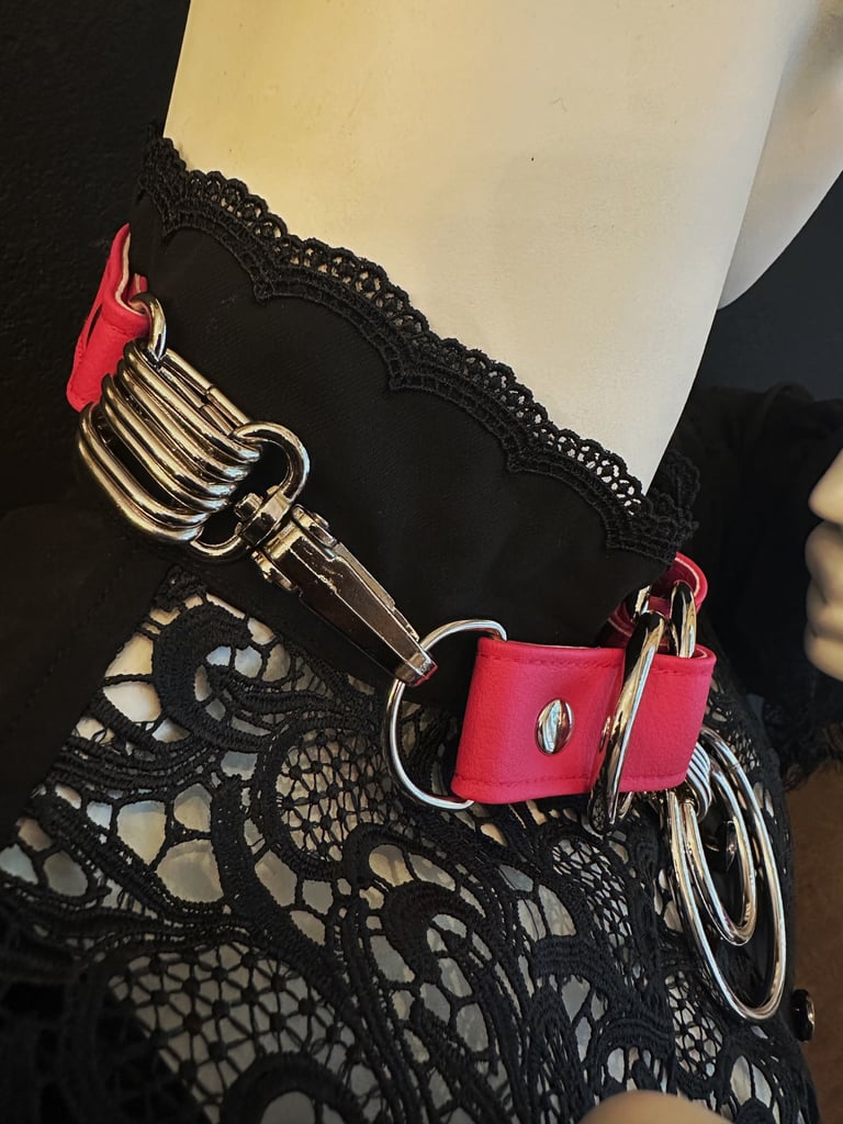pink and silver vegan leather goth necklace collar choker chains gothic faux leather pvc 
