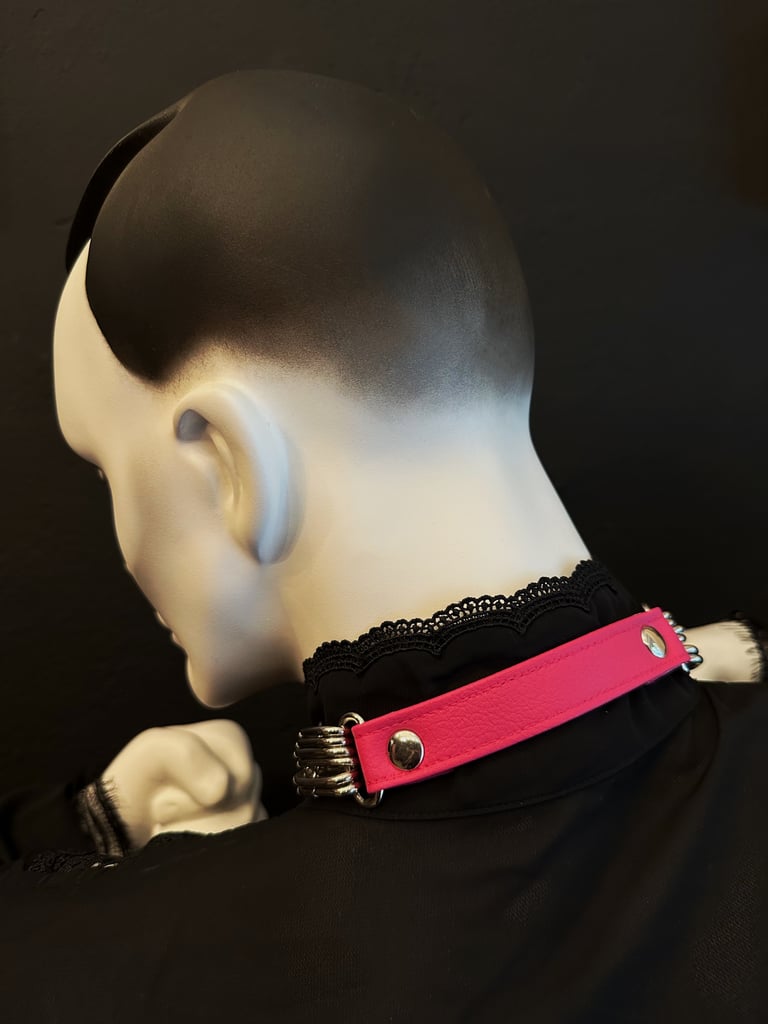pink and silver vegan leather goth necklace collar choker chains gothic faux leather pvc 