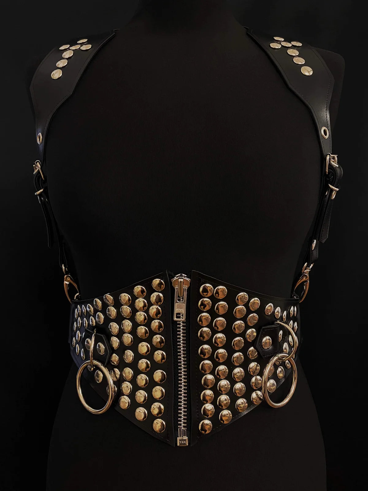 black vegan leather goth harness cincher belt corset gothic faux leather pvc studded zip 
