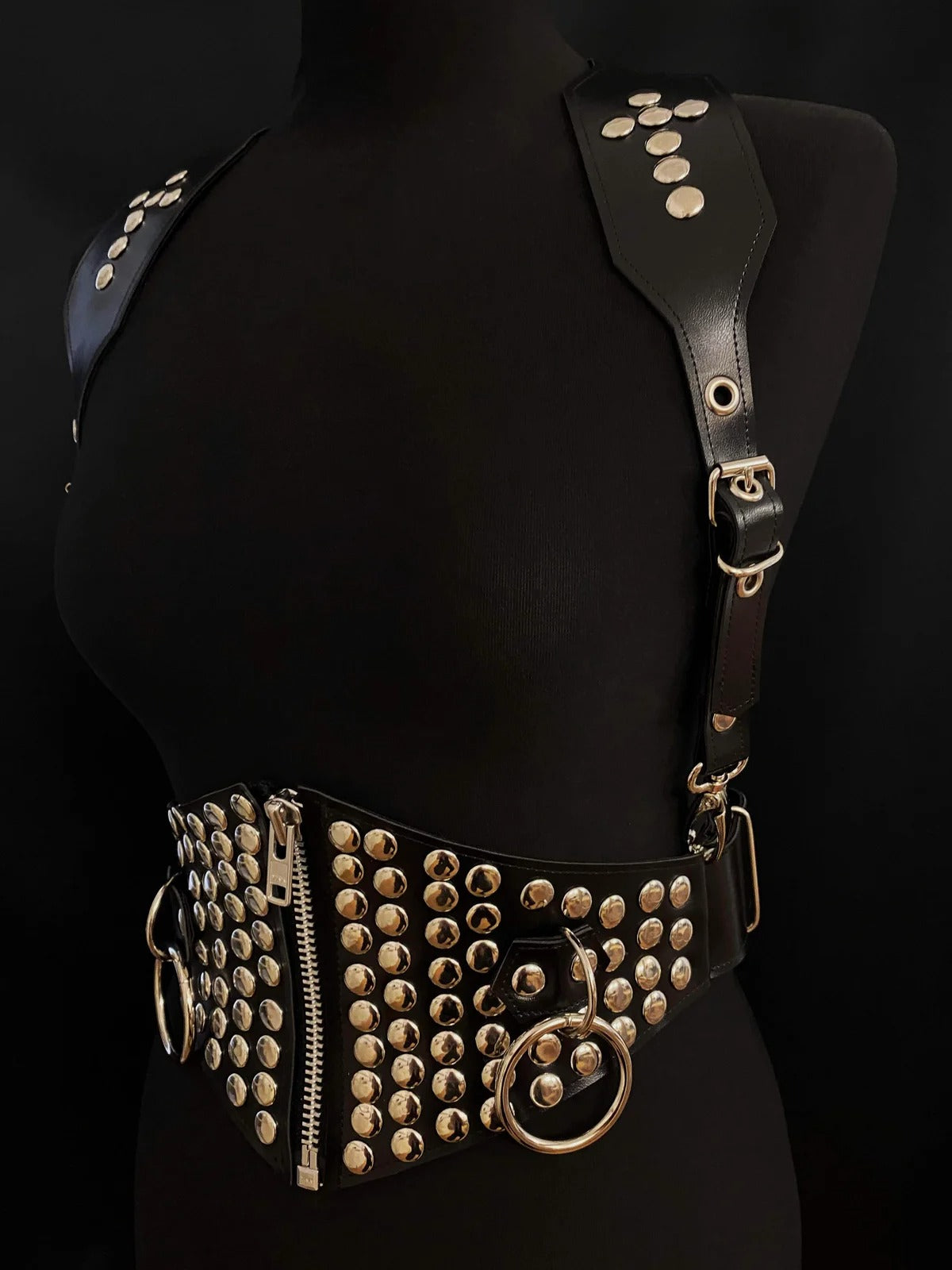 black vegan leather goth harness cincher belt corset gothic faux leather pvc studded zip 
