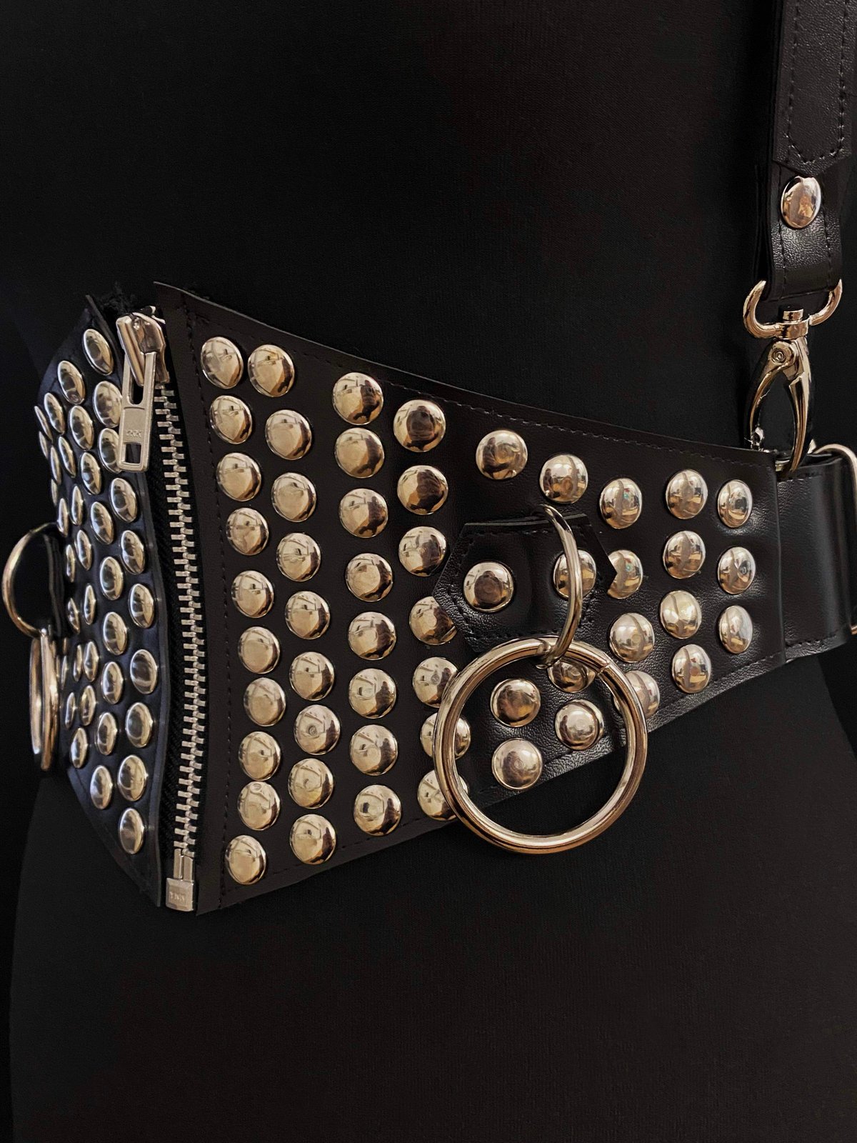 black vegan leather goth harness cincher belt corset gothic faux leather pvc studded zip 