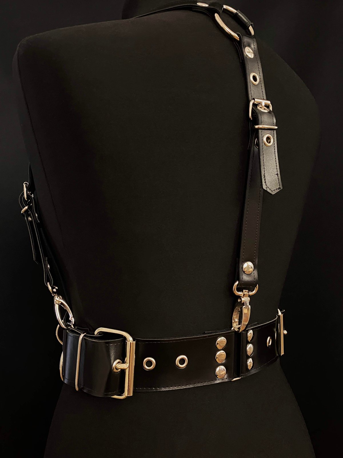 black vegan leather goth harness cincher belt corset gothic faux leather pvc studded zip 
