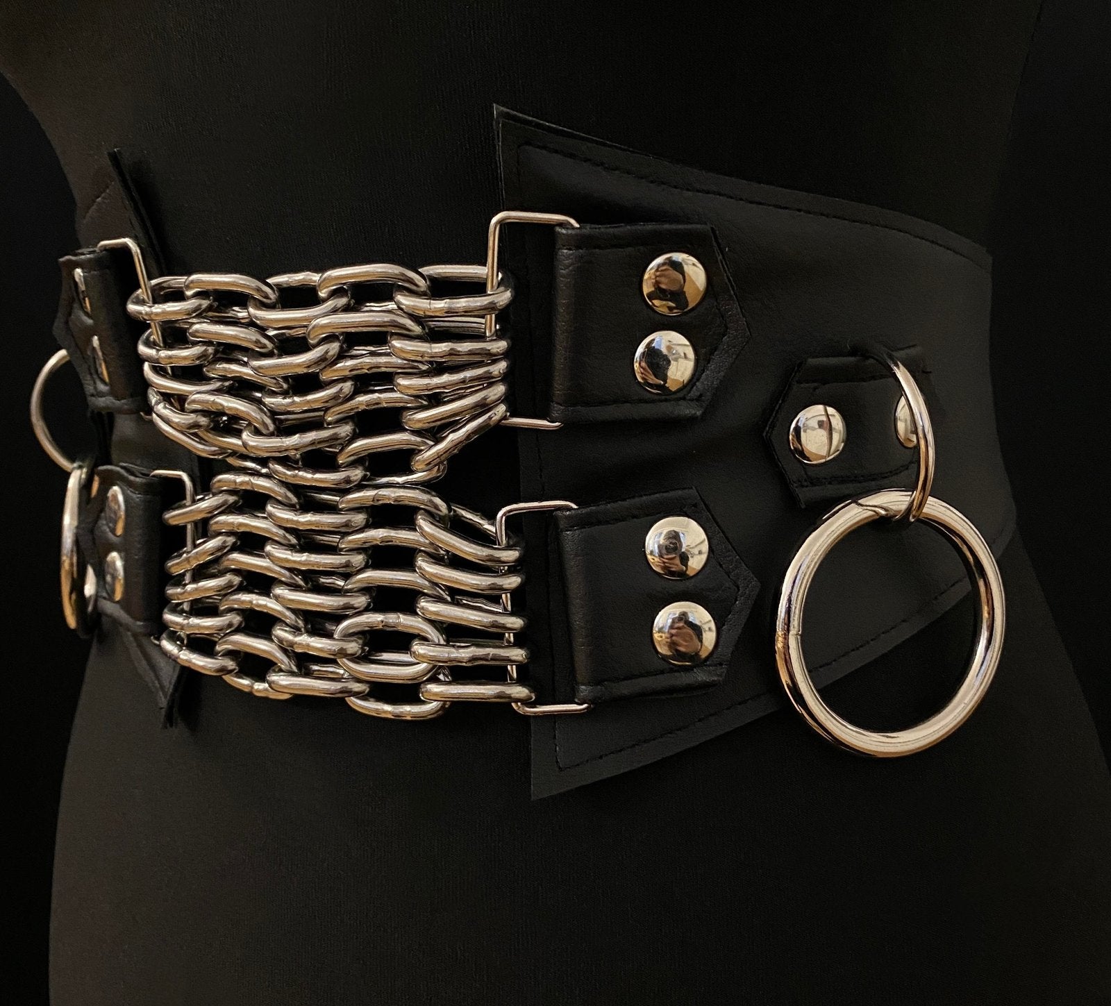 black vegan leather waist cincher gothic belt goth corset chains and rings black and silver harness 