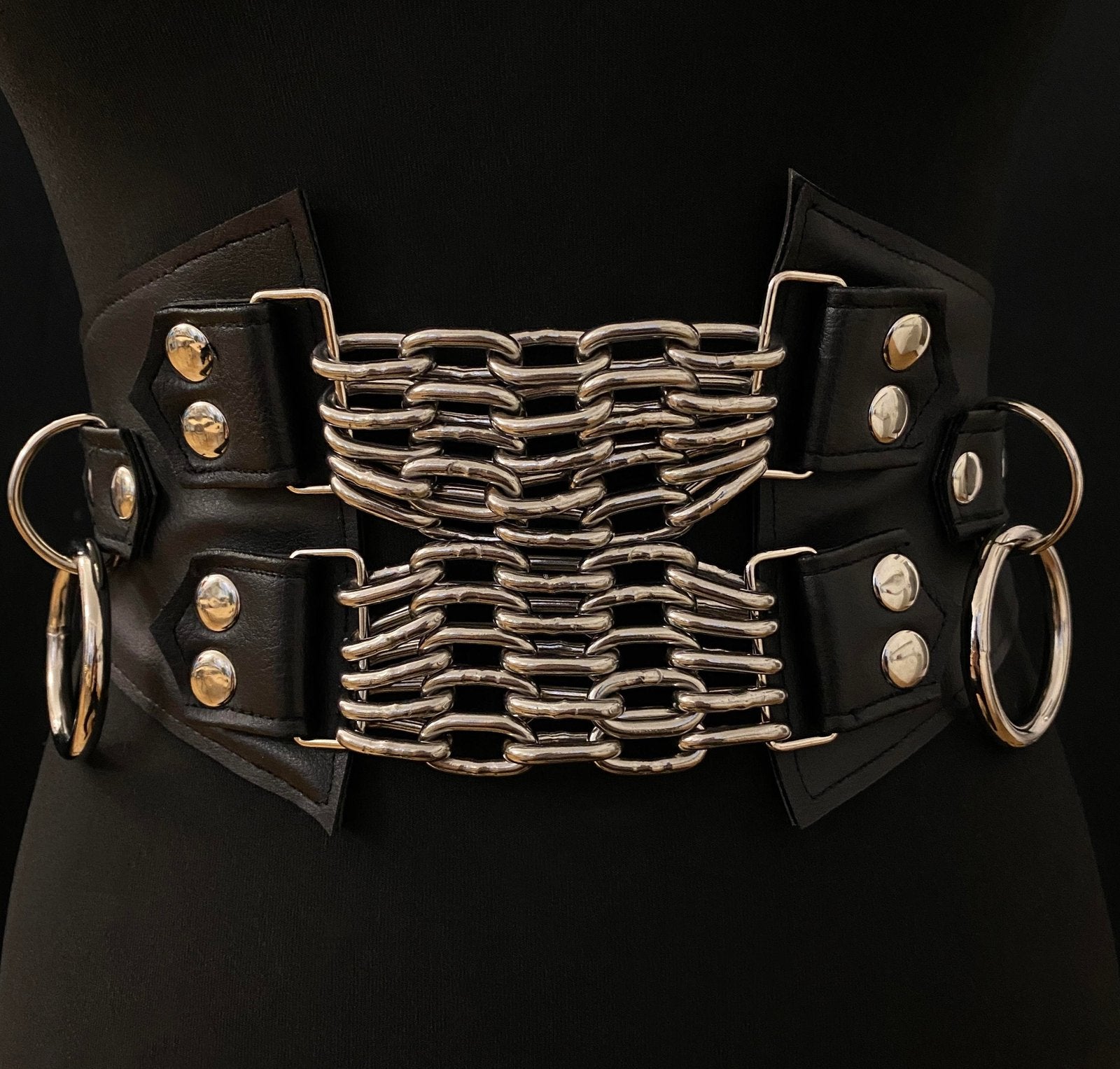 black vegan leather waist cincher gothic belt goth corset chains and rings black and silver harness 